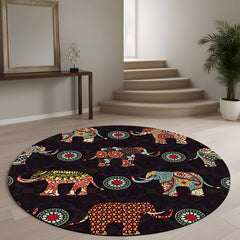 Bohemian Elephant Round Area Rug | Mandala Elephant Floor Mat | Ethnic Indian Style Round Carpet for Living Room, Bedroom, Meditation Space & Boho Home Decor