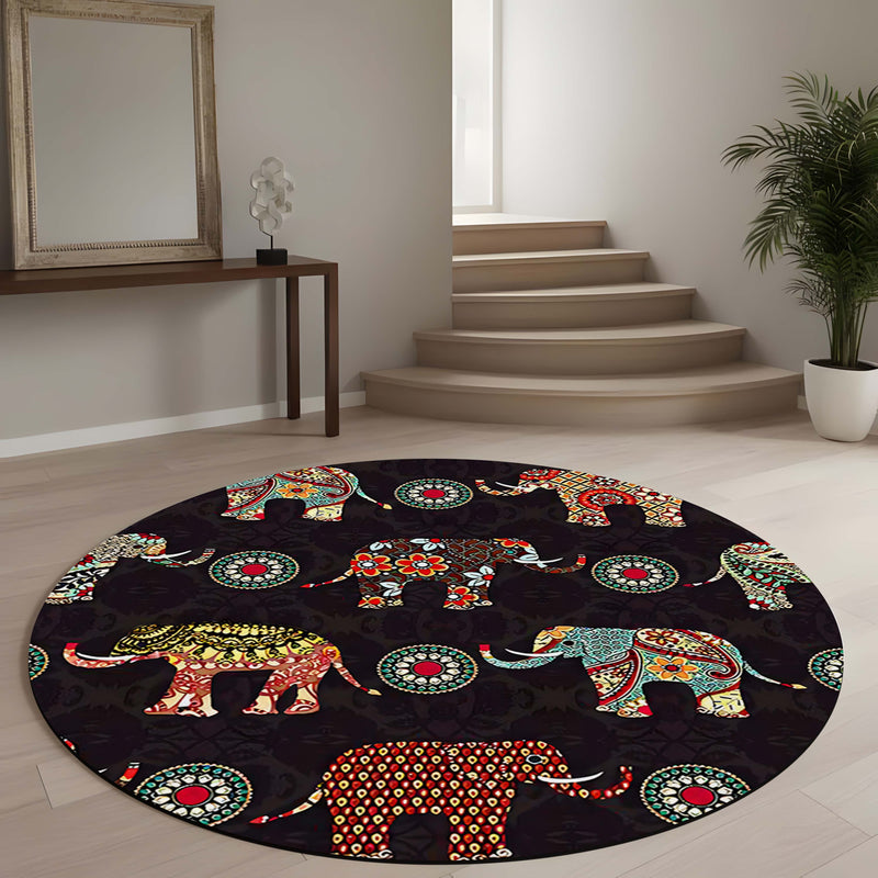 Bohemian Elephant Round Area Rug | Mandala Elephant Floor Mat | Ethnic Indian Style Round Carpet for Living Room, Bedroom, Meditation Space & Boho Home Decor