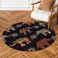 Bohemian Elephant Round Area Rug | Mandala Elephant Floor Mat | Ethnic Indian Style Round Carpet for Living Room, Bedroom, Meditation Space & Boho Home Decor