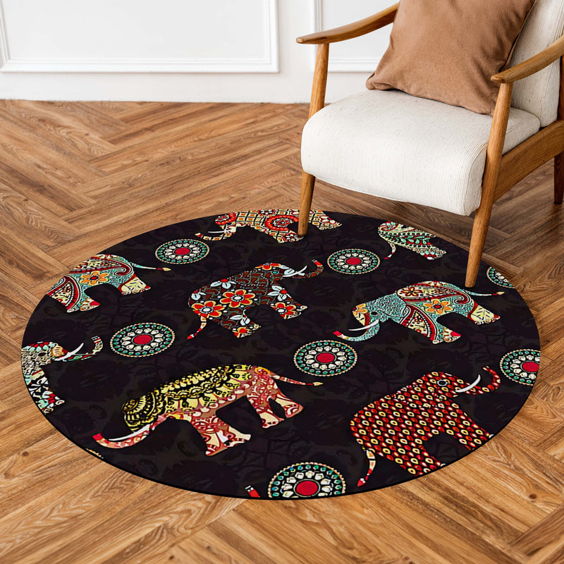 Bohemian Elephant Round Area Rug | Mandala Elephant Floor Mat | Ethnic Indian Style Round Carpet for Living Room, Bedroom, Meditation Space & Boho Home Decor