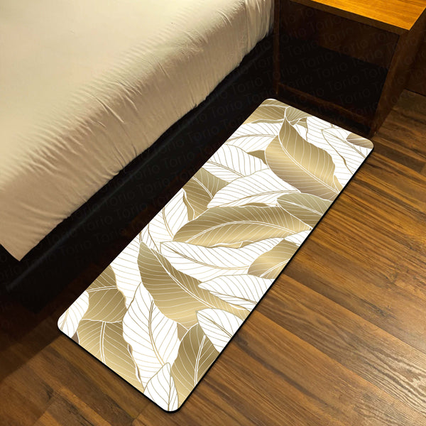 Beige Tropical Leaf Floor Mat (3 mm Thick) | Elegant Botanical Bedroom Bedside Runner for Modern Home Decor