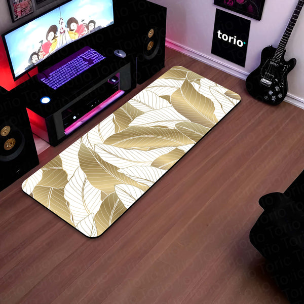Beige Tropical Leaf Floor Mat (3 mm Thick) | Elegant Botanical Bedroom Bedside Runner for Modern Home Decor