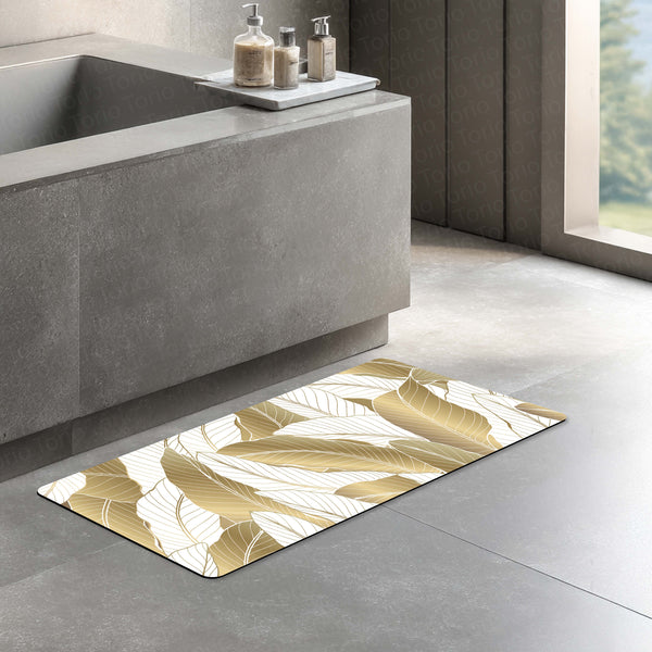 Beige Tropical Leaf Floor Mat (3 mm Thick) | Elegant Botanical Bedroom Bedside Runner for Modern Home Decor