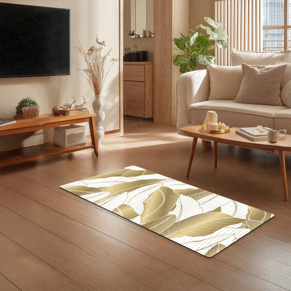 Beige Tropical Leaf Floor Mat (3 mm Thick) | Elegant Botanical Bedroom Bedside Runner for Modern Home Decor