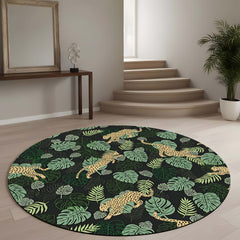 Tropical Leopard Round Area Rug | Jungle Safari Print Floor Mat | Botanical Wildlife Round Carpet for Living Room, Bedroom, Reading Corner & Modern Home Decor