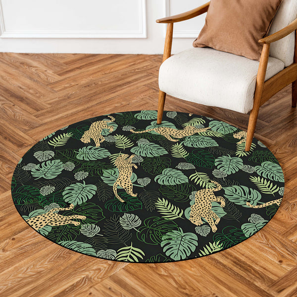 Tropical Leopard Round Area Rug | Jungle Safari Print Floor Mat | Botanical Wildlife Round Carpet for Living Room, Bedroom, Reading Corner & Modern Home Decor