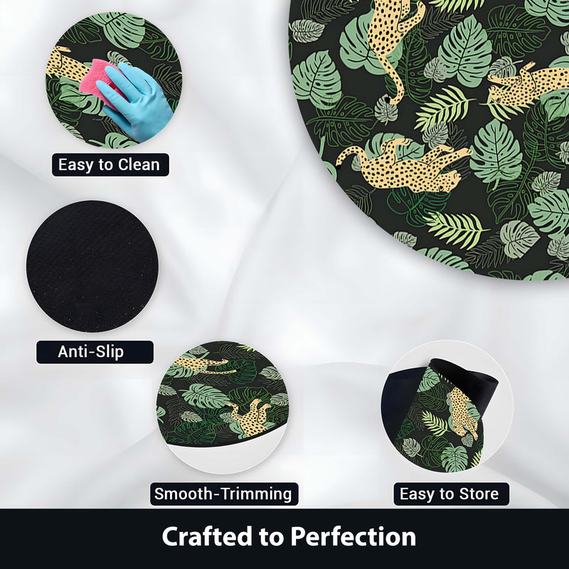 Tropical Leopard Round Area Rug | Jungle Safari Print Floor Mat | Botanical Wildlife Round Carpet for Living Room, Bedroom, Reading Corner & Modern Home Decor