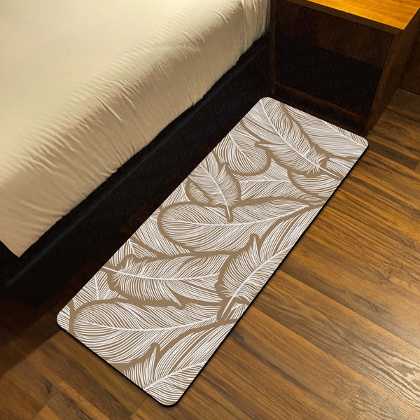 Beige Feather Pattern Floor Mat (3 mm Thick) | Minimal Botanical Bedroom Bedside Runner for Modern Home Decor