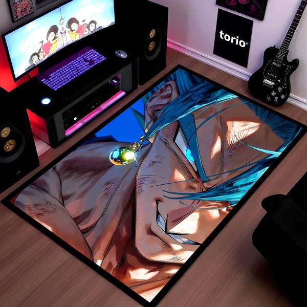 Blue-Haired Saiyan Warrior Area Flat Rug | Anime Power-Up Area Flat Rug | Premium Gaming & Bedroom Decor Rug