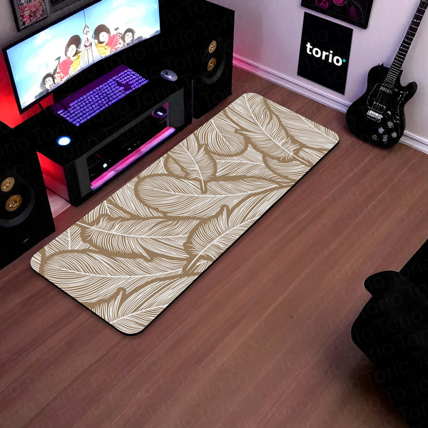 Beige Feather Pattern Floor Mat (3 mm Thick) | Minimal Botanical Bedroom Bedside Runner for Modern Home Decor