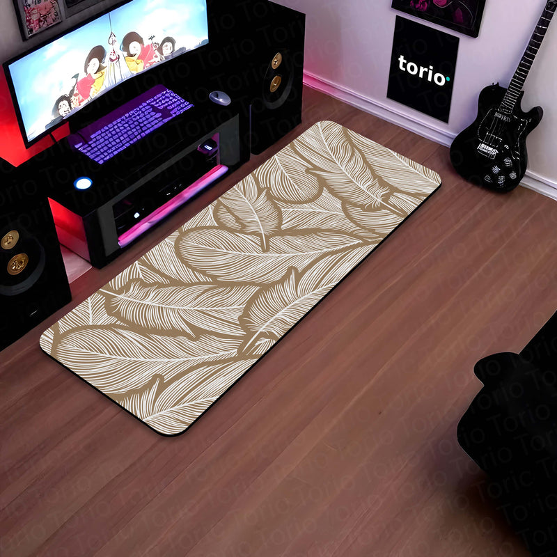 Beige Feather Pattern Floor Mat (3 mm Thick) | Minimal Botanical Bedroom Bedside Runner for Modern Home Decor