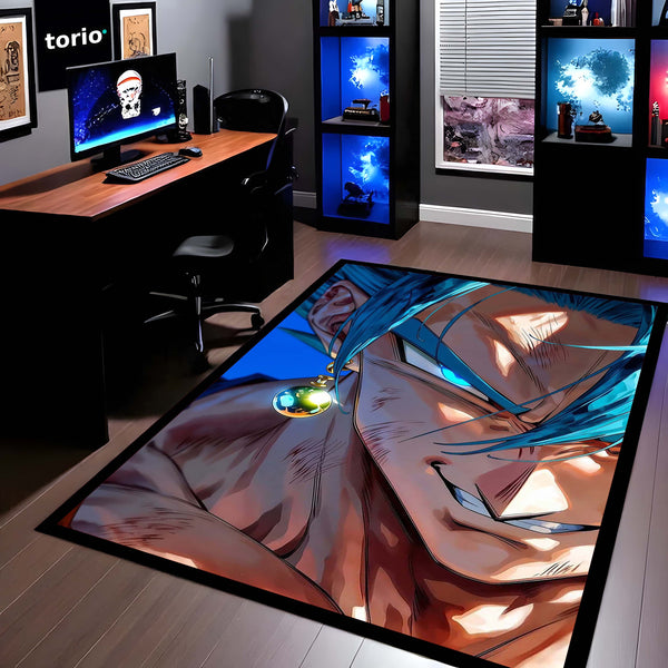 Blue-Haired Saiyan Warrior Area Flat Rug | Anime Power-Up Area Flat Rug | Premium Gaming & Bedroom Decor Rug