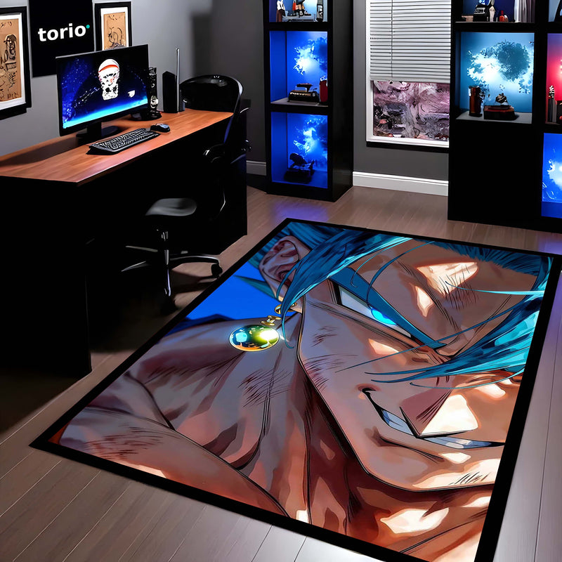 Blue-Haired Saiyan Warrior Area Flat Rug | Anime Power-Up Area Flat Rug | Premium Gaming & Bedroom Decor Rug