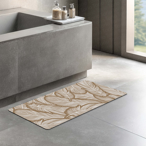 Beige Feather Pattern Floor Mat (3 mm Thick) | Minimal Botanical Bedroom Bedside Runner for Modern Home Decor