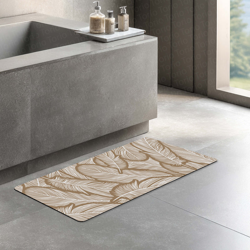 Beige Feather Pattern Floor Mat (3 mm Thick) | Minimal Botanical Bedroom Bedside Runner for Modern Home Decor