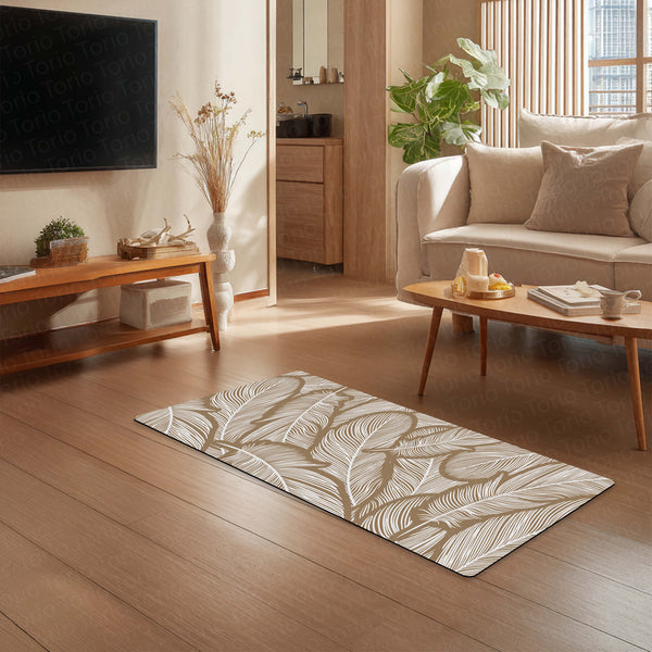 Beige Feather Pattern Floor Mat (3 mm Thick) | Minimal Botanical Bedroom Bedside Runner for Modern Home Decor