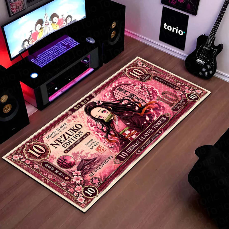 Demon Slayer Nezuko Kamado Flat Rug | Japanese Anime Currency Note Design | Premium Anti-Slip Flat Rug