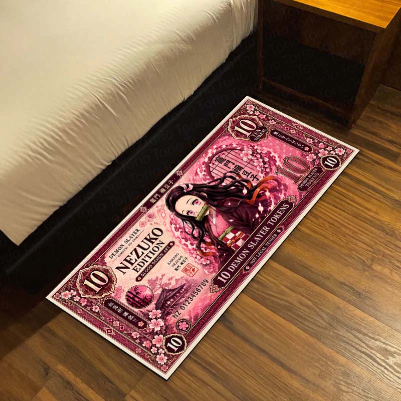 Demon Slayer Nezuko Kamado Flat Rug | Japanese Anime Currency Note Design | Premium Anti-Slip Flat Rug