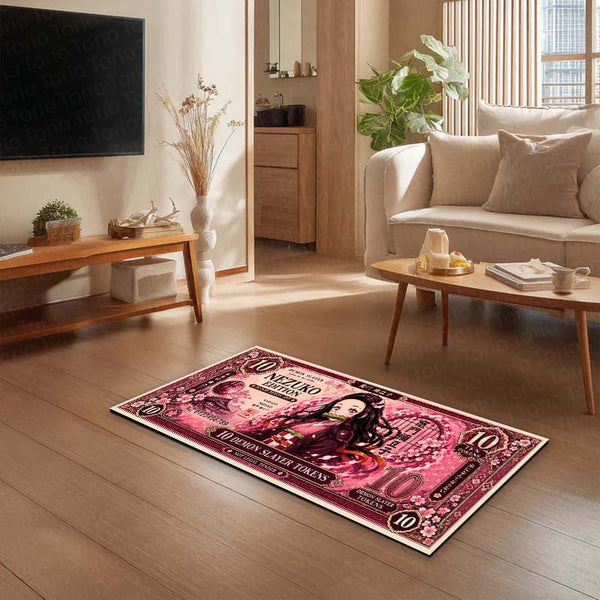 Demon Slayer Nezuko Kamado Flat Rug | Japanese Anime Currency Note Design | Premium Anti-Slip Flat Rug