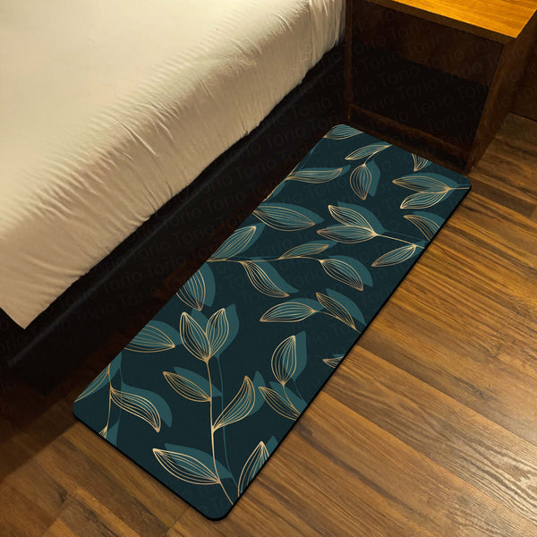 Teal Botanical Leaf Floor Mat (3 mm Thick) | Elegant Modern Bedroom Bedside Runner for Contemporary Home Decor