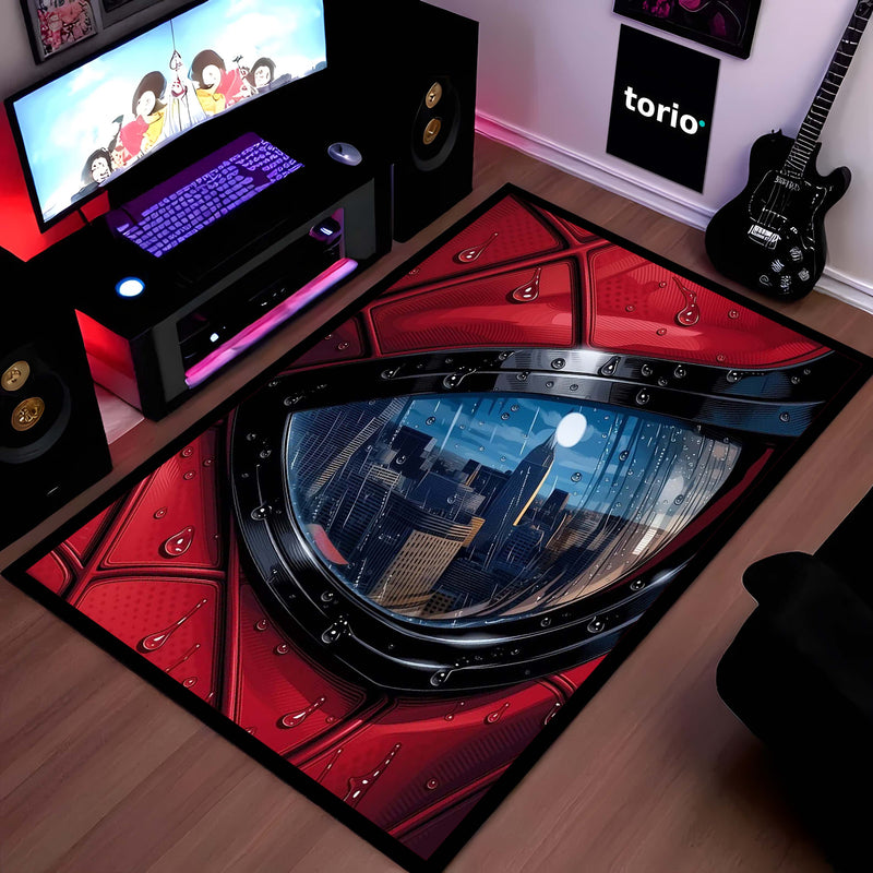 Spider-Man Mask Reflection Area Flat Rug | Superhero Cityscape Area Flat Rug | Premium Comic-Inspired Gaming & Bedroom Decor Rug