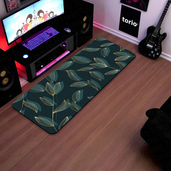 Teal Botanical Leaf Floor Mat (3 mm Thick) | Elegant Modern Bedroom Bedside Runner for Contemporary Home Decor