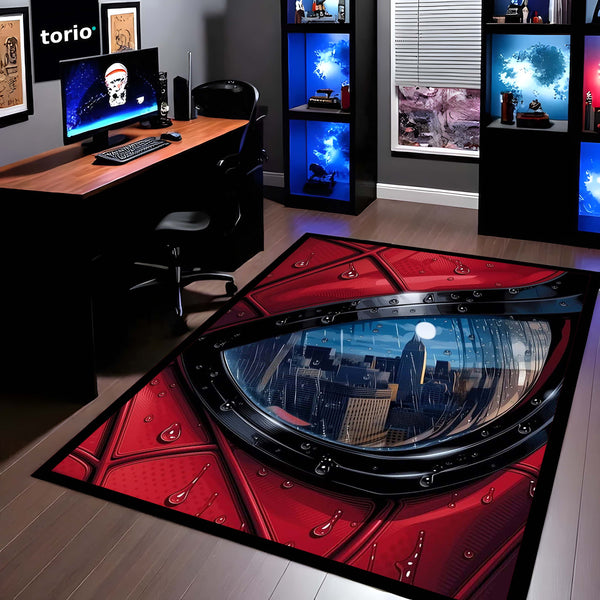Spider-Man Mask Reflection Area Flat Rug | Superhero Cityscape Area Flat Rug | Premium Comic-Inspired Gaming & Bedroom Decor Rug