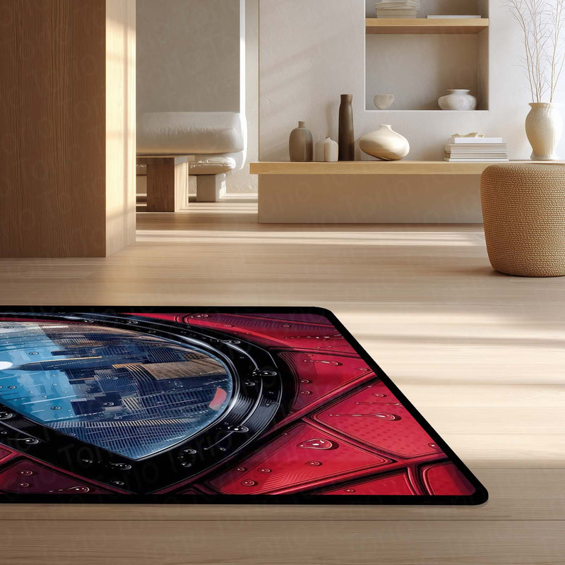 Spider-Man Mask Reflection Area Flat Rug | Superhero Cityscape Area Flat Rug | Premium Comic-Inspired Gaming & Bedroom Decor Rug