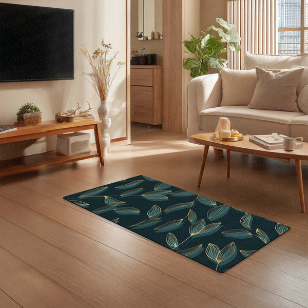 Teal Botanical Leaf Floor Mat (3 mm Thick) | Elegant Modern Bedroom Bedside Runner for Contemporary Home Decor