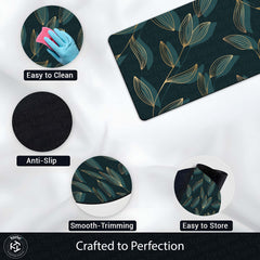 Teal Botanical Leaf Floor Mat (3 mm Thick) | Elegant Modern Bedroom Bedside Runner for Contemporary Home Decor