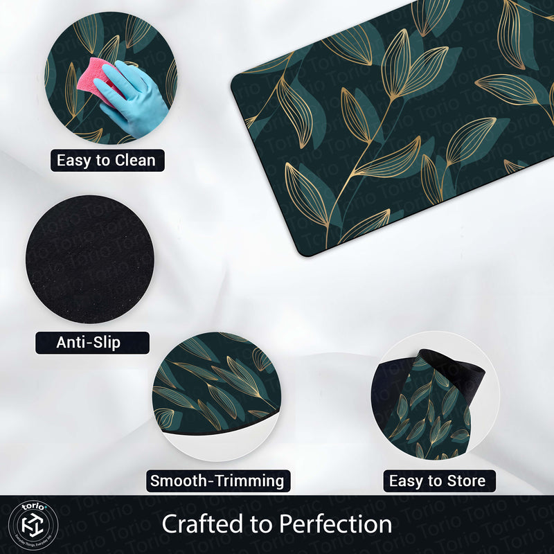 Teal Botanical Leaf Floor Mat (3 mm Thick) | Elegant Modern Bedroom Bedside Runner for Contemporary Home Decor