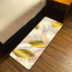 Golden Blush Tropical Leaf Floor Mat (3 mm Thick) | Soft Botanical Bedroom Bedside Runner for Modern Home Decor