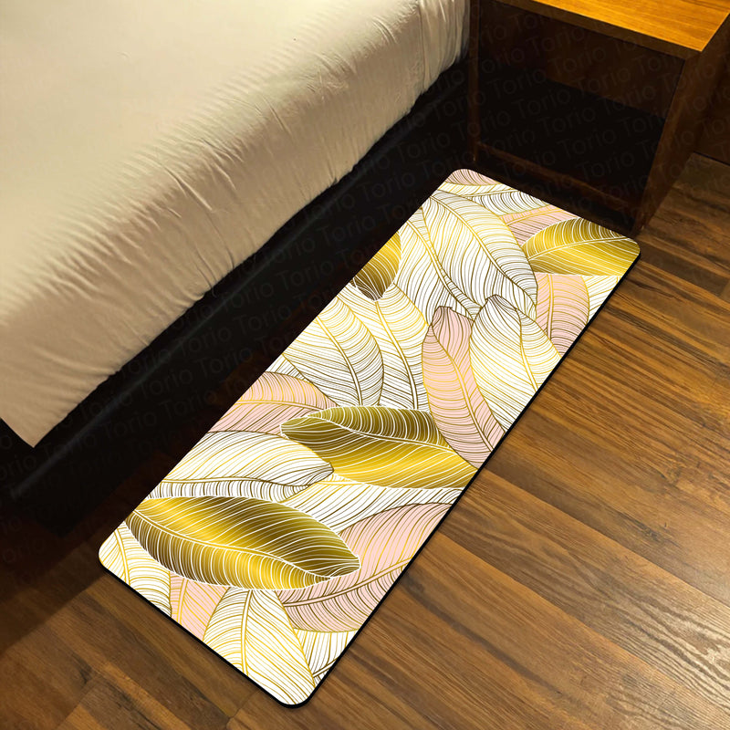 Golden Blush Tropical Leaf Floor Mat (3 mm Thick) | Soft Botanical Bedroom Bedside Runner for Modern Home Decor