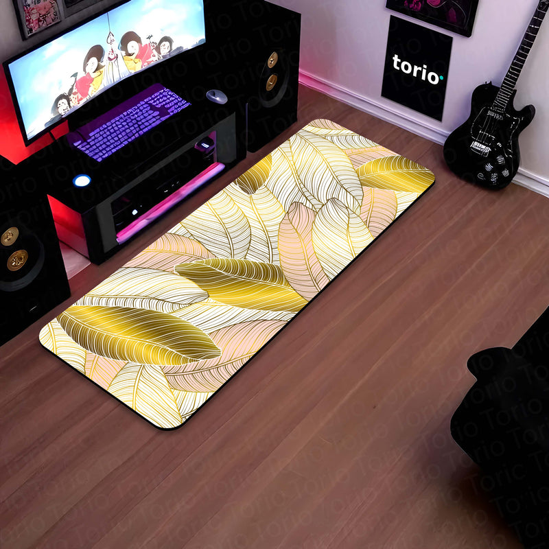 Golden Blush Tropical Leaf Floor Mat (3 mm Thick) | Soft Botanical Bedroom Bedside Runner for Modern Home Decor