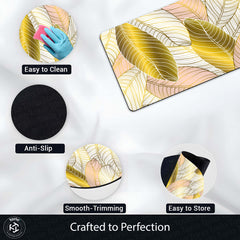 Golden Blush Tropical Leaf Floor Mat (3 mm Thick) | Soft Botanical Bedroom Bedside Runner for Modern Home Decor