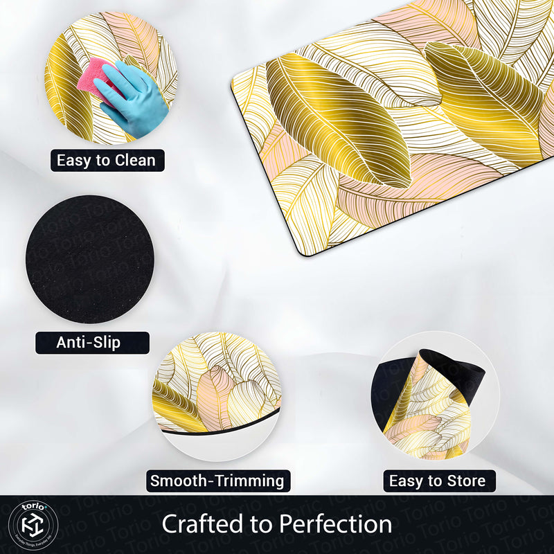 Golden Blush Tropical Leaf Floor Mat (3 mm Thick) | Soft Botanical Bedroom Bedside Runner for Modern Home Decor