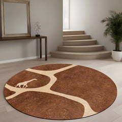 Rustic Giraffe Round Area Rug | African Safari Tree Silhouette Floor Mat | Earth Tone Wildlife Round Carpet for Living Room, Bedroom, Reading Corner & Nature Inspired Decor