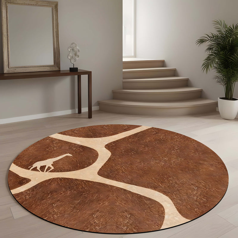 Rustic Giraffe Round Area Rug | African Safari Tree Silhouette Floor Mat | Earth Tone Wildlife Round Carpet for Living Room, Bedroom, Reading Corner & Nature Inspired Decor