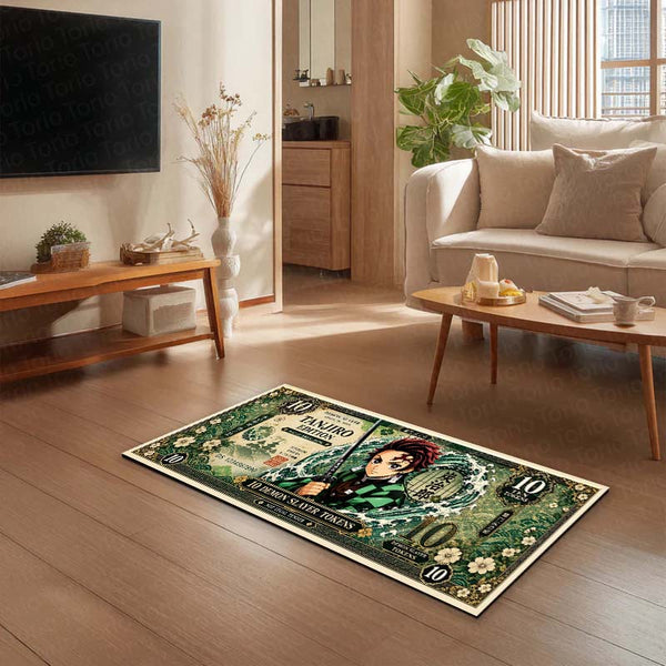 Demon Slayer Tanjiro Kamado Flat Rug | Japanese Anime Currency Note Design | Premium Anti-Slip Flat Rug