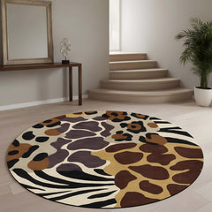 Safari Animal Print Round Area Rug | Leopard Zebra Giraffe Pattern Floor Mat | Wildlife Inspired Round Carpet for Living Room, Bedroom, Reading Corner & Modern Home Decor