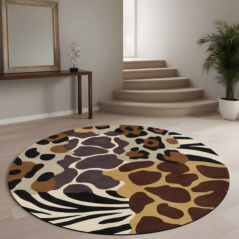Safari Animal Print Round Area Rug | Leopard Zebra Giraffe Pattern Floor Mat | Wildlife Inspired Round Carpet for Living Room, Bedroom, Reading Corner & Modern Home Decor