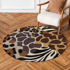 Safari Animal Print Round Area Rug | Leopard Zebra Giraffe Pattern Floor Mat | Wildlife Inspired Round Carpet for Living Room, Bedroom, Reading Corner & Modern Home Decor