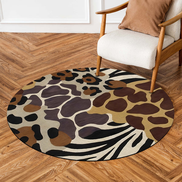 Safari Animal Print Round Area Rug | Leopard Zebra Giraffe Pattern Floor Mat | Wildlife Inspired Round Carpet for Living Room, Bedroom, Reading Corner & Modern Home Decor