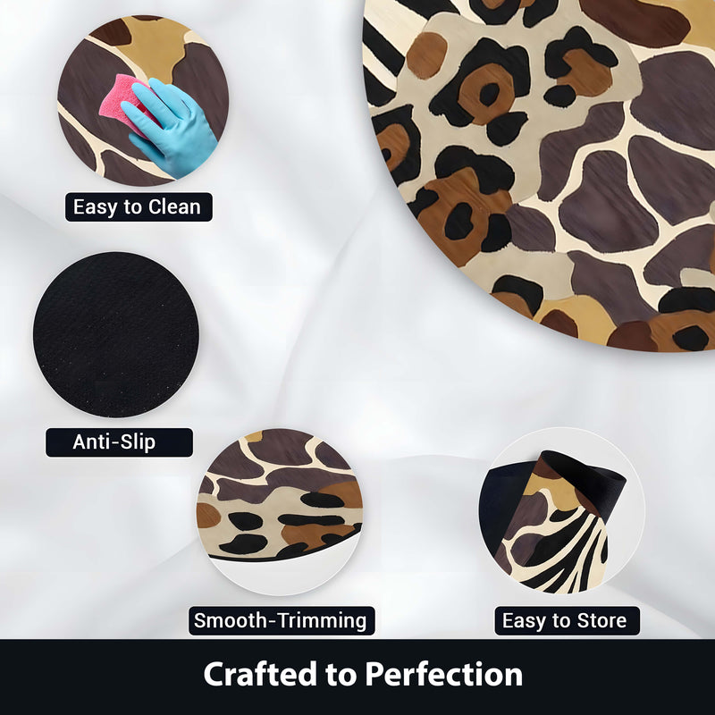 Safari Animal Print Round Area Rug | Leopard Zebra Giraffe Pattern Floor Mat | Wildlife Inspired Round Carpet for Living Room, Bedroom, Reading Corner & Modern Home Decor