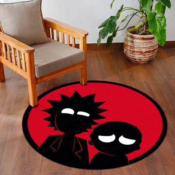 Rick & Morty Circular Floor Mat (3 mm Thick) | Minimal Silhouette Round Rug with Red Background for Bedroom, Gaming Room & Pop Culture Home Decor | TORIO