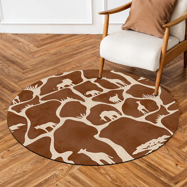 Safari Silhouette Round Area Rug | Minimal Wildlife Animal Pattern Floor Mat | Modern African Safari Inspired Round Carpet for Living Room, Bedroom & Reading Corner Decor