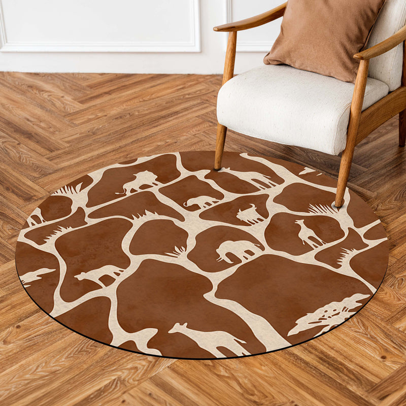 Safari Silhouette Round Area Rug | Minimal Wildlife Animal Pattern Floor Mat | Modern African Safari Inspired Round Carpet for Living Room, Bedroom & Reading Corner Decor