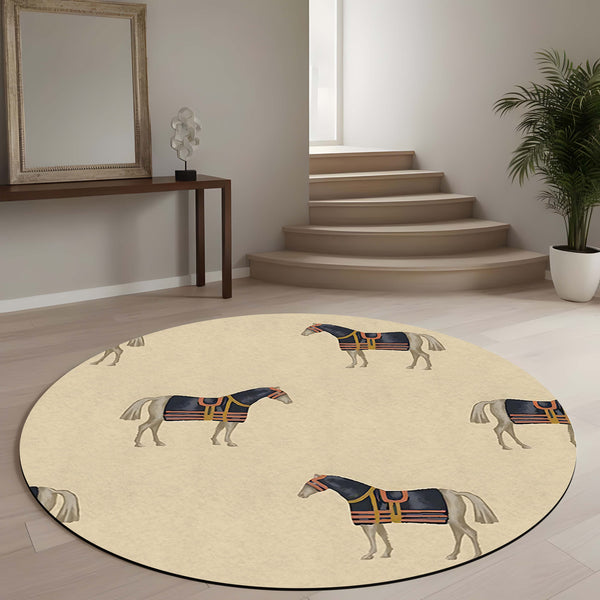 Horse Pattern Round Area Rug | Minimal Equestrian Animal Print Floor Mat | Vintage Stable Inspired Circular Carpet for Living Room, Bedroom & Reading Corner Decor