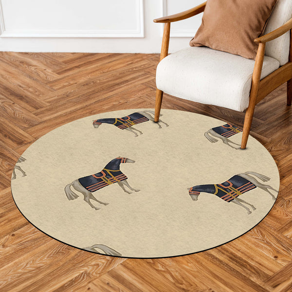 Horse Pattern Round Area Rug | Minimal Equestrian Animal Print Floor Mat | Vintage Stable Inspired Circular Carpet for Living Room, Bedroom & Reading Corner Decor
