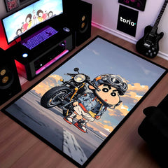 Shinchan Biker Chibi Area Flat Rug | Cute Shinchan Motorcycle Area Flat Rug | Premium Cartoon Gaming Room Decor Rug